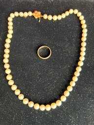 IR/ Bag 2pcs - 14k Pearl Necklace And Solid Gold Ring