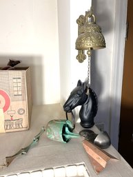 DR/ 4pcs - Vintage Horse Head Pole Top, Pewter Religious Font, 2 Brass Bells