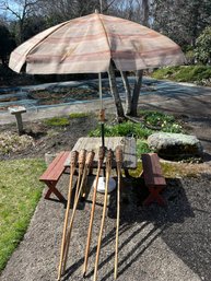 BY/ 11pcs - Rustic Outdoor Wood Table With 2 Bench Seats, 7' Umbrella W Base And 6 Bamboo Tiki Torches
