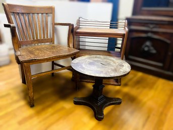 MU/ 3pcs - Vintage Wood Furniture: Oak Arm Chair, Small Shelf, Small Round Accent Table