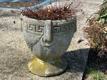 BY/ - Vintage Grecian Key And Grapes Design Cement Planter Urn