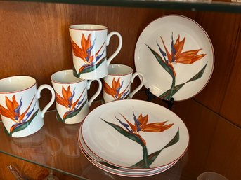 DR/ 8pcs - Fitz And Floyd 'Bird Of Paradise' Coffee Mugs And Dessert Plates