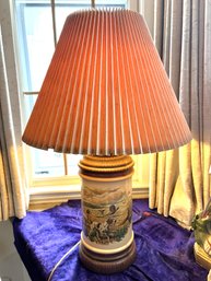 LR/ Painted Ceramic Table Lamp W Hunting Scene & Accordion Shade