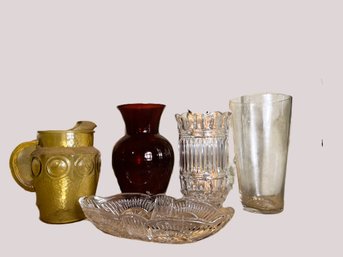 C/ 5pcs - Pretty Glass Vases, Oblong Bowl And Pitcher