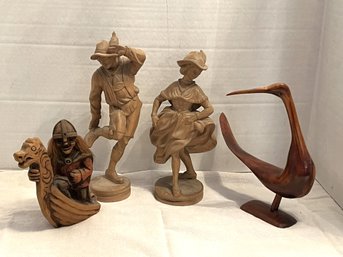 DR/ 4pcs - Wood Figurines: Bird, Fosse Troll Norway Viking And 2 Toni Baur German Dancers