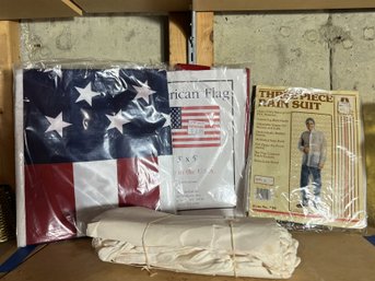 C/ 4pcs - 2 American Flags 3' X 5', 3 Piece Rain Suit, Package Of White Cotton Gloves