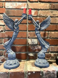 LR/ 2 Pcs - Pair Of 16' Tall Metal / Resin Angel Figure Candle Holders