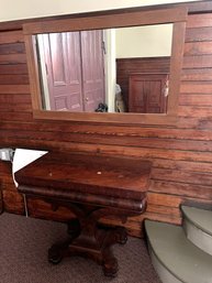 F/ 2pcs - Large Wood Framed Mirror And Vintage Wood Parlor/Game Table On Wheels