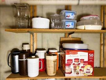 C/ 2shelves - Assorted Plastic Containers In Various Sizes, Lettuce Spinner, Thermoses Etc