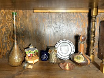 CB/ Shelf  9pcs - Vintage Midcentury Italian Leather Decanters And Assorted Decorative Items