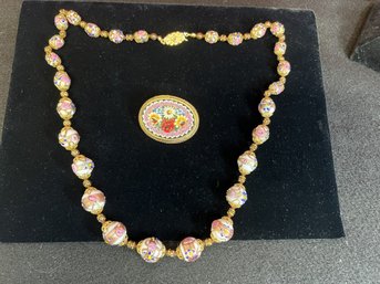 PS/ Bag 2pcs - Costume Jewelry - Beautiful Pink Cloisonne Style Necklace And Pin