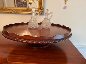 DR/ 3pcs - JO Lovely Wood 2 Piece Lazy Susan With Two Vintage Pressed Glass Cruets