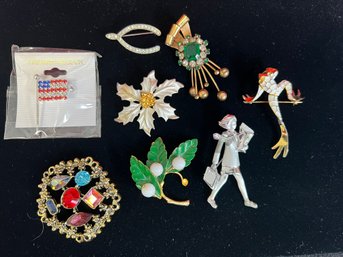 TE/ Bag 8pcs - Variety Of Bejeweled Pins - Frog, Horseshoe, Flag, Lady Etc