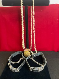 AB/ Bag 4pcs - Costume Jewelry - Puka Shell Necklaces, Pair Of Leather Boot Jewelry, Bracelet Set