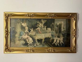 LR/ Large 43' Wide Colorized Victorian Print In A Deep Ornate Gold Frame Under Glass