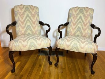 LR/ 2pcs - Upholstered Flame Stitch Fabric Arm Chairs With Dark Wood Arms And Legs