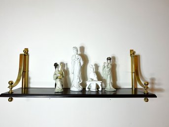 LR/ 5pcs - Gold Metal & Dark Wood Shelf With 4 Ceramic Asian Figures