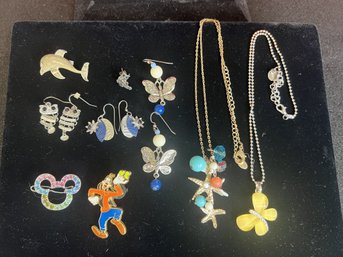 AB/ Bag - Costume Jewelry - Assorted Animal And Disney Themed Earrings, Pendant, Pin, Bracelet Etc