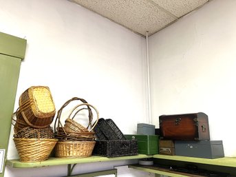 K/ Assorted Size & Shape Baskets And Metal, Wood Etc. Boxes In Various Sizes And Shapes