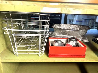 K/ Assorted Chafing Dish Frames, Sterno  Cans, Large Aluminum Disposable Baking Pans