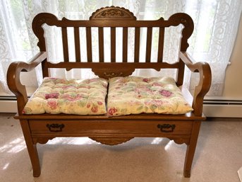 O/ 3pcs - Beautiful Wood Carved Bench - Single Long Drawer - Nice Detailing And 2 Cushions