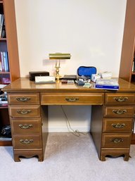O/ 8 Drawer Desk, Bankers Brass Desk Lamp, Desk Supplies Etc