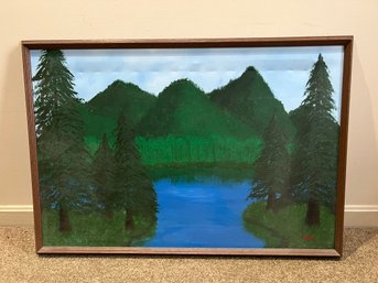 2H/ Framed Painting On Canvas - Green Forest Trees And Lake
