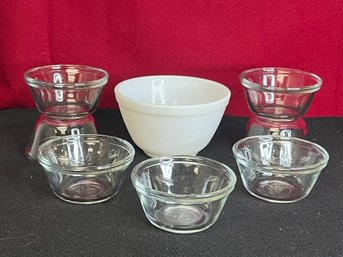 ER/ 8pcs - Vintage 5.75' Pyrex Bowl, 7 Anchor Hocking 4' Custard Cups