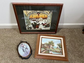 2H/ 3pcs - Framed Art: English Cottage, American Cowboy Plaque, Fox Briar Farms Christmas