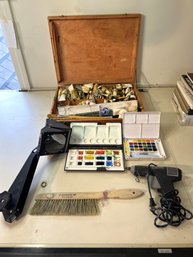 3FL/ 5pcs - Artists Paint Supplies: Paint Box With Brushes And Paint, Magnifier, Craftsman Glue Gun Etc