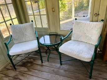 SP/ 3pcs - Brilliant Pine Green Metal Patio Set #2 - 2 Chairs And Round Table With Glass Tray Top