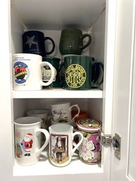 K/ 2 Shelves Of 15 Assorted Ceramic Mugs And Tea Cups Including A Vera Bradley Covered Tea Cup And More