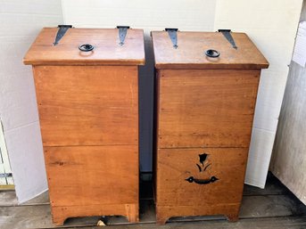 SP/ Pair Of Rustic Vintage Wood Vegetable Storage Bins With Pretty Iron Hardware - 1 Has Cut Out Tulip Design