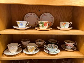 K/ 2shelves 22pcs - Teacups & Saucers: Rosina, Limoges, Duchess, Franciscan, Royal Albert Etc