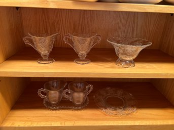 K/ Shelf 7pcs - Vintage Glass Lot: Etched Heisey, Beaded Clear Etc