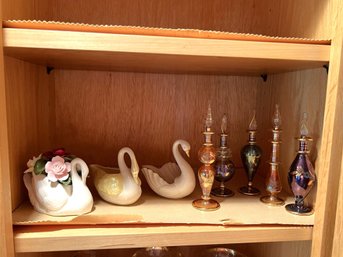 K/ Shelf 8pcs - China Swans And Miniature Glass Perfume Bottles: Belleek, Aynsley, Lenox Etc