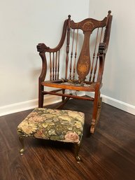 AD/ 2pcs - Gorgeous Vintage Inlaid Mother Of Pearl Rocking Chair, Upholstered Foot Stool With Metal Feet