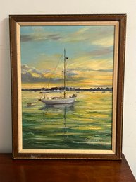 AD/ Original Framed Painting Of Sailboat - Signed Carpenter '79', In Wood Frame With Rope Accent Surround