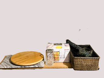 C/ 7pcs - Box Tall Beer Mugs, Lazy Susan, Marble Cutting Board, Vase W Marbles, Basket, Table Runner Etc