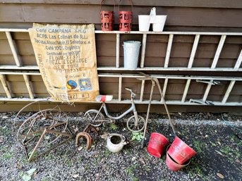 FY/ 16pcs - Vintage Metals And More Lot -  Horseshoes, Hose Caddy, Vintage Kid's Bike...