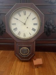 MU/ 2 Pcs - Seth Thomas Wood Pendulum Wall Clock W Key & Little Wood Carved Church