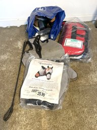3FL/ Assorted Horse Accessories: 2 Fly Masks, Crop, Bag Of Brushes, 4 Leg Covers