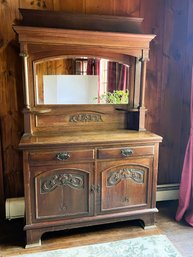 LR/ 2pcs - Impressive Vintage/Antique Ornately Carved Wood Buffet Server Cabinet W Beveled Arched Mirror