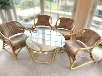 SR/ 5pcs - Round Bamboo Table, Stone/Marble Glass Top, 4 Chairs