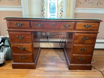 DR/ Vintage Knee Hole Wood Desk With Glass Top And 8 Drawers