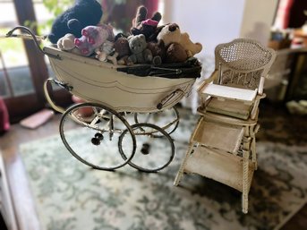 LR/ Vintage Antique Pram Baby Carriage, Wood High Chair & Assorted Stuffed Animals