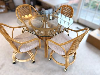 SR/ 5pcs - Bamboo Set: Round Glass Top Table, 4 Wheeled Swivel Chairs