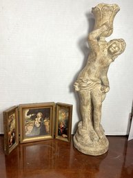 4BR/ 2 Pcs - Tall Candle Holder Figure & Tri Panel Religious Scenes