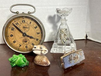 4BR/ 5pcs - Vintage Silver Wind Up Alarm Clock, Glass Perfume Bottle, Figurines, Lipstick Case W Mirror