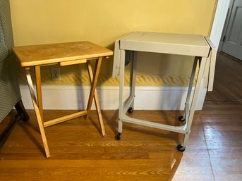 LR/ 2 Small Tables: Metal Typewriter/Office W Foldable Leaves On Wheels And Wood Tray Table With Foldable Legs